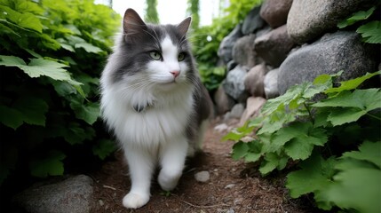Charming gray and white cat walking through a lush green pathway among stones in a peaceful garden setting
