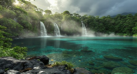 Stunning Waterfall cascading into a crystal clear pool surrounded by lush green jungle vegetation