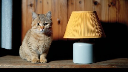 Cat Sitting Elegantly Beside a Vintage Lamp at Home with Rustic Wooden Background