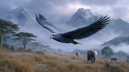 Majestic Eagle Soars Over Misty Landscape with Elephants in Serene Mountain Valley at Sunrise