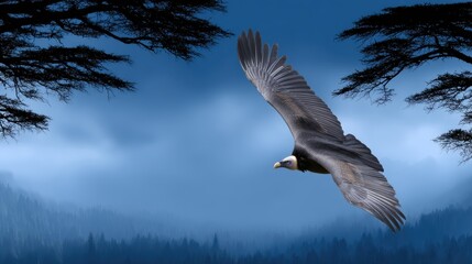 Majestic bird soaring through misty mountainscape with dark trees and dramatic sky in serene nature setting