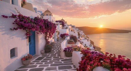 Sunset over a coastal village with flowering plants and stone pathway