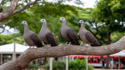 Four Gray Birds Sitting on a Tree Branch in a Lush Green Park Setting with Soft Light Background