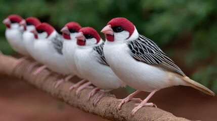 Close-Up of Five Colorful Birds Sitting on a Branch in Natural Outdoor Habitat with Greenery Background