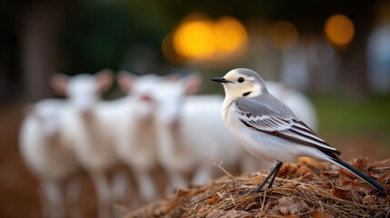 Beautiful bird on a mound surrounded by white sheep in a serene rural setting at sunset golden hour