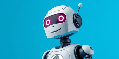 Friendly robot helper on blue background, ample copy space,   clean background,   kawaii robot