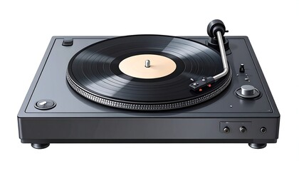 Fototapeta premium Isolated turntable with a black vinyl record on a white background, angled shot