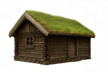 Wooden cabin with green grass roof, embodying traditional scandinavian design, rendered in realistic 3d model against transparent background