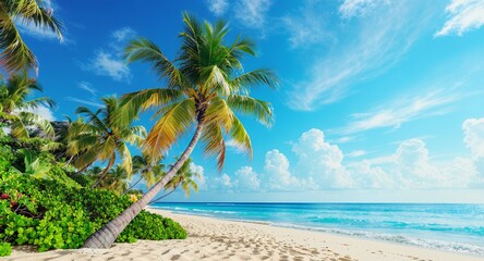 Tropical Beach Scene Palm Trees, Ocean, and White Sand