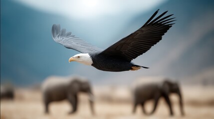 Majestic Eagle in Flight Over Elephant Herd in Natural Habitat with Soft Blurred Background and Mountains
