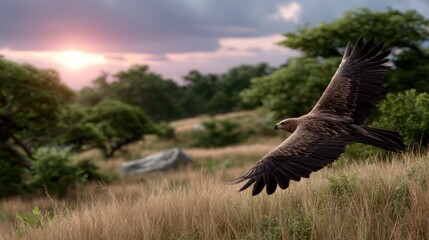 Majestic Eagle Soaring Above Golden Hills During Sunset in a Scenic Wilderness Landscape