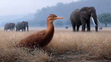 Brown bird stands in tall grass with elephants in the background under misty sky in serene wildlife setting
