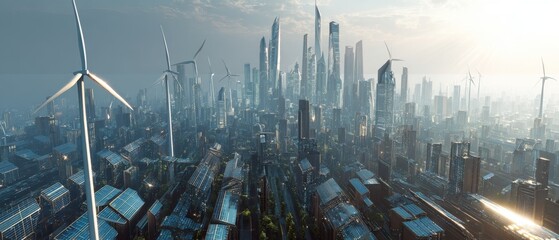 City skyline with futuristic wind turbines in foreground symbolizing renewable energy technology sustainability urban development innovation and metropolitan green infrastructure