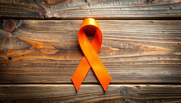 Bright orange awareness ribbon symbolizing support for causes like leukemia and multiple sclerosis, resting on a rustic dark wood background - Powered by Adobe