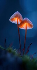 Fototapeta premium Glowing orange mushrooms in dark forest