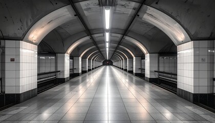 Symmetrical Subway Station with Arched Ceiling and Tiled Walls, Leading Lines in an Underground Tunnel