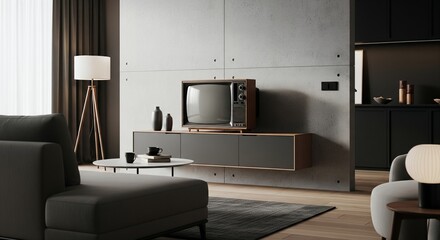 Vintage Television in Modern Living Room Interior Design, Retro TV Set on Wooden Cabinet, Gray Sofa, Concrete Wall, Home Decor, Stylish Apartment, Cozy Room, Home Entertainment, Mid Century Moder