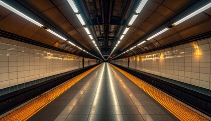 Illuminated Subway Station Platform at Night with Tiled Walls and Perspective View, Long Underground Corridor with Fluorescent Lighting and Safety Lines