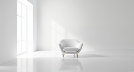 White armchair in minimalist room, bright interior design, modern furniture, sunlight, clean space, empty room, home decor, interior photography