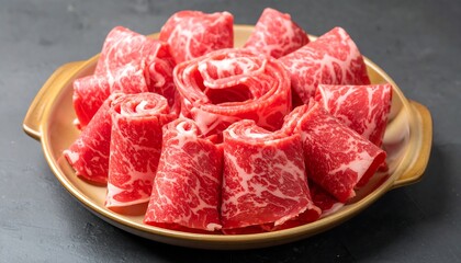 Raw sliced beef, arranged in a circular pattern on a plate