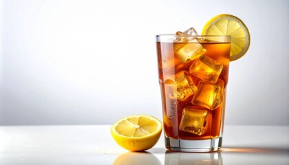 Glass of iced tea with right space. AI generated.