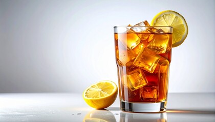 Glass of iced tea with right space. AI generated.