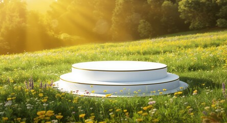 White Two Tiered Pedestal in Sunny Wildflower Meadow, Product Display, Presentation Background, Mockup, Spring Summer Theme