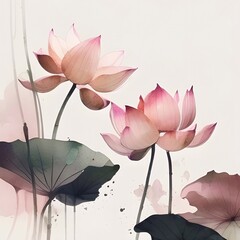water color, painting, illustration of pink lotus flower