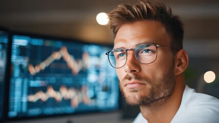 Stock Market Visionary: A focused individual with eyeglasses stares intently at the fluctuating graphs, surrounded by the cool glow of multiple monitors. - Powered by Adobe