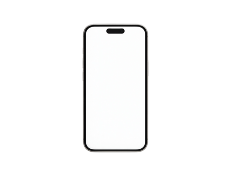 Modern smartphone front-facing mockup with blank white display, isolated clean design for app UI and product presentation on transparent background