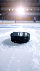 Hockey puck on ice rink