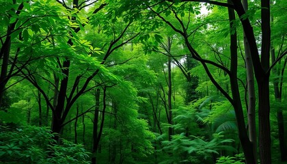 Obraz premium Lush green forest, diverse trees with leafy crowns and visible trunks, vector, natural