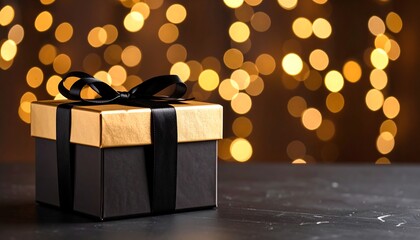Gift box on dark surface with lights