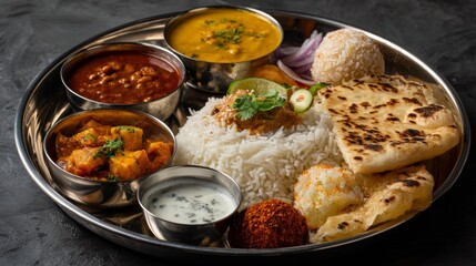 Indian thali plate with rice curry bread and vegetable side dishes authentic food photography symbolizing traditional cuisine lifestyle dining and cultural culinary heritage