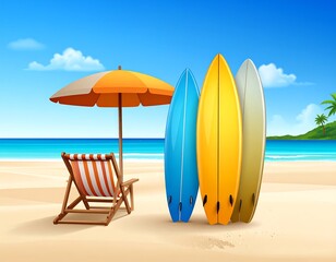 Beach scene with surfboards and umbrella (1)