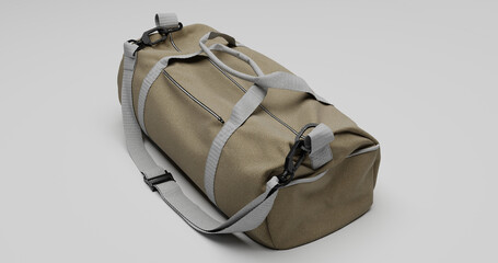 Isometric duffel bag mockup. Stylish travel bag with fabric texture, handle and strap, perfect for branding, packaging, and product presentation