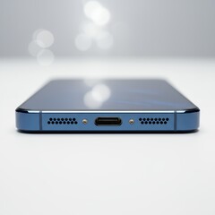 Close-up of a Smartphones Bottom Edge, Showing Charging Port and Speakers, Modern Technology Gadget, Dark Blue Color