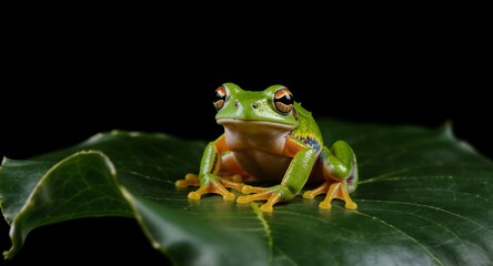 Close-up of a vibrant green tree frog perched on a lush green leaf against a black background