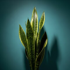 Close-up of a vibrant green houseplant with striking leaf patterns against a teal background