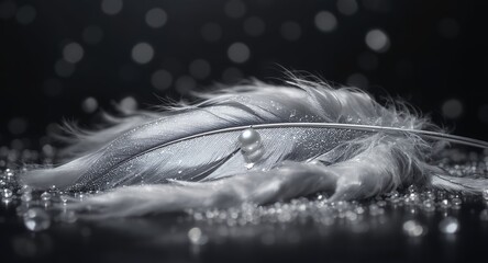 Close-up of a single feather with a pearl, water droplets, and bokeh background