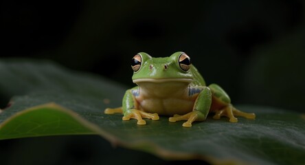 Close-up of a vibrant green tree frog perched on a leaf against a dark background