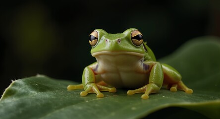 Close-up of a vibrant green tree frog perched on a lush green leaf, showcasing its captivating eyes and detailed texture.