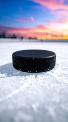 Hockey puck on frozen rink at sunset