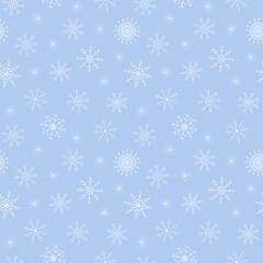 White snowflakes on a light blue background, seamless winter pattern, graphic vector illustration. Festive Christmas background for decoration, packaging, wrapping paper, fabric