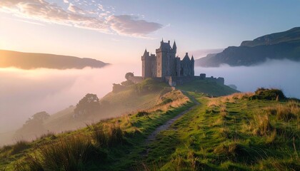Fototapeta premium Eilean Donan Castle stands majestically above a sea of mist, a Scottish landscape masterpiece, A historic Scottish castle basking in the ethereal light of dawn's first embrace