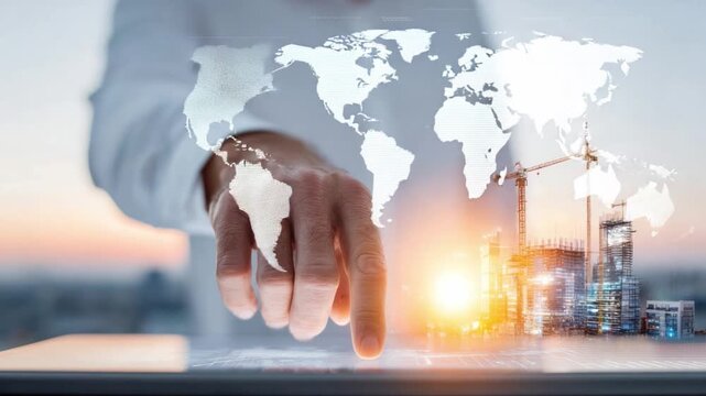 Global Science: A scientist's hand interacts with a holographic projection of the globe, representing scientific advancement and global reach, a modern concept.