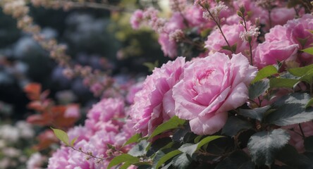 Obraz premium Close-up of Pink Roses in Bloom, Lush Garden Flowers, Nature Photography, Floral Background