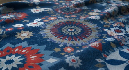 Close-up of textured fabric with floral and geometric pattern, blue, red, white, and beige tones, textile design, mandala design, bird illustration