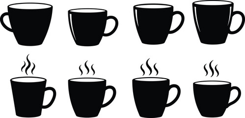 Collection of black coffee cup icons, hot drink mugs with steam, vector silhouette set for cafe menu, barista design.