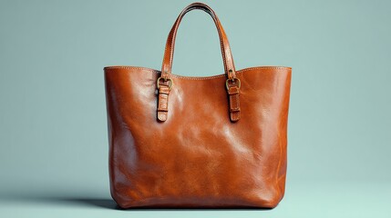 A tan leather tote bag with simple design